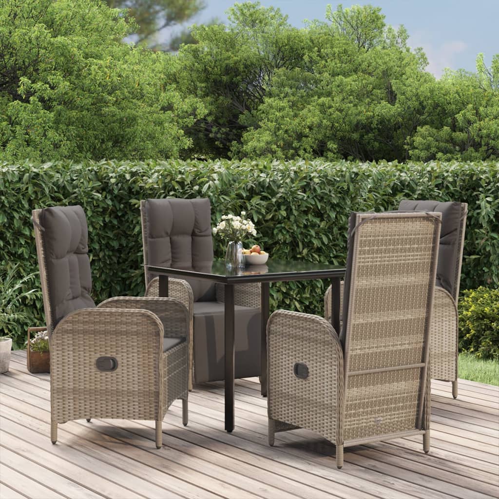 Set da Pranzo Giardino 5pz Nero e Grigio con Cuscini Polyrattan