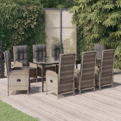 Set da Pranzo Giardino 9pz con Cuscini Nero e Grigio Polyrattan
