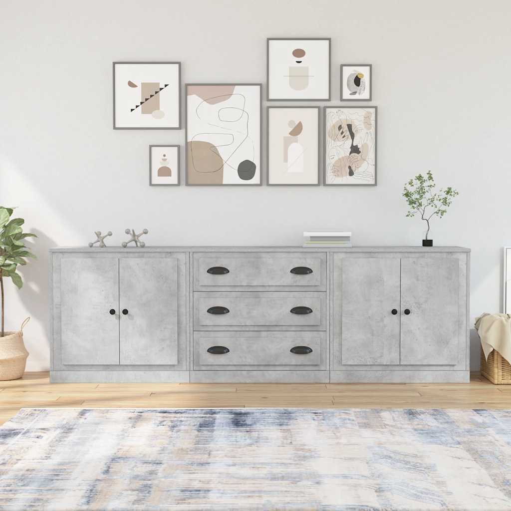 Credenze 3 pz Grigio Cemento in Legno Multistrato