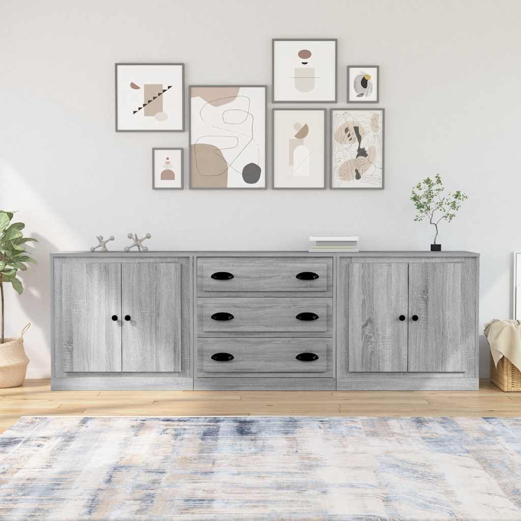 Credenze 3 pz Grigio Sonoma in Legno Multistrato