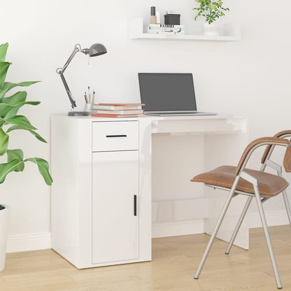 Scrivania con Armadietto Bianco Lucido in Legno Multistrato