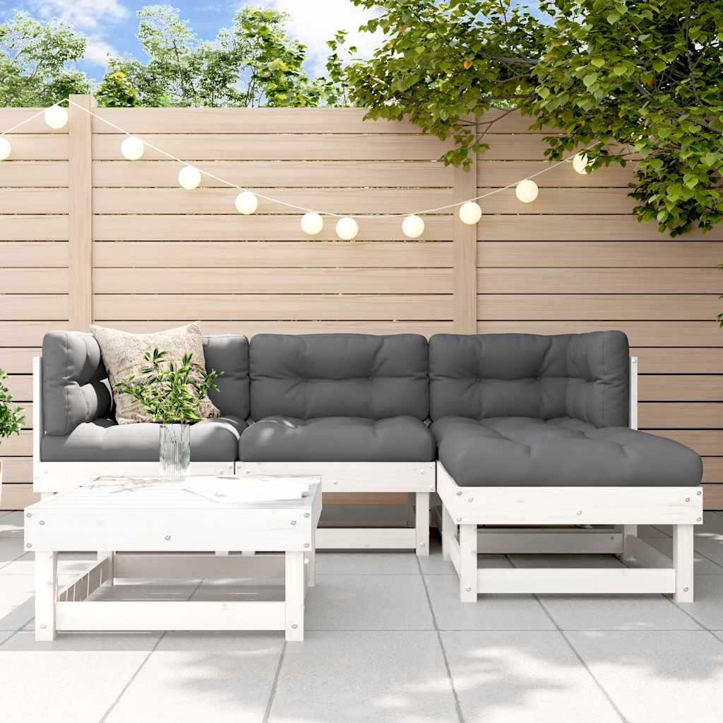 Set Divani da Giardino 5pz con Cuscini in Legno Massello Bianco