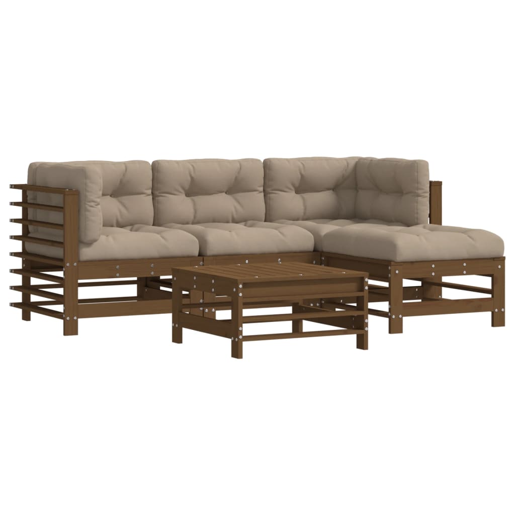 Set Divani da Giardino 5 pz con Cuscini in Legno Massello ambra