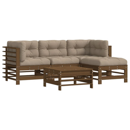 Set Divani da Giardino 5 pz con Cuscini in Legno Massello ambra