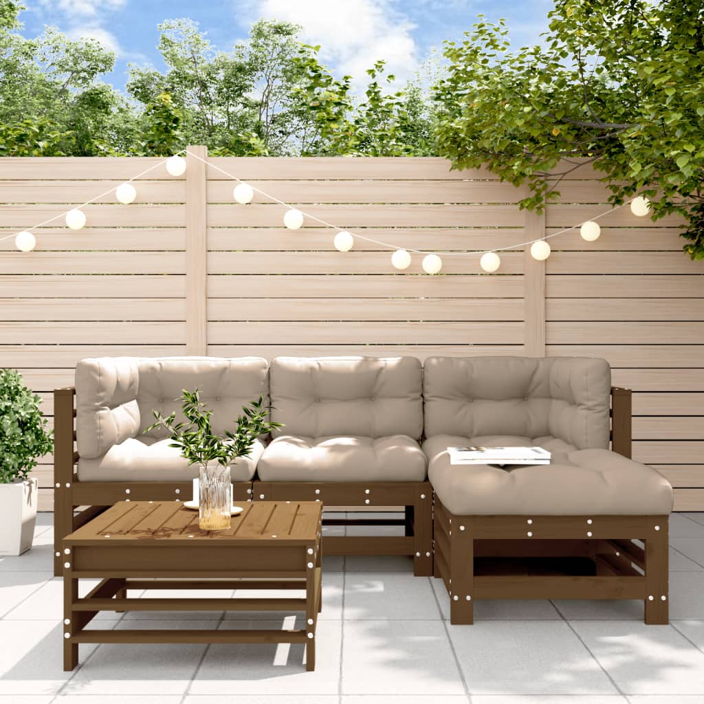 Set Divani da Giardino 5 pz con Cuscini in Legno Massello ambra