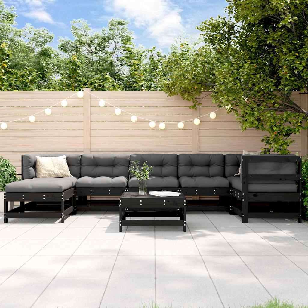 Set Divani da Giardino 8 pz con Cuscini in Legno Massello Nero