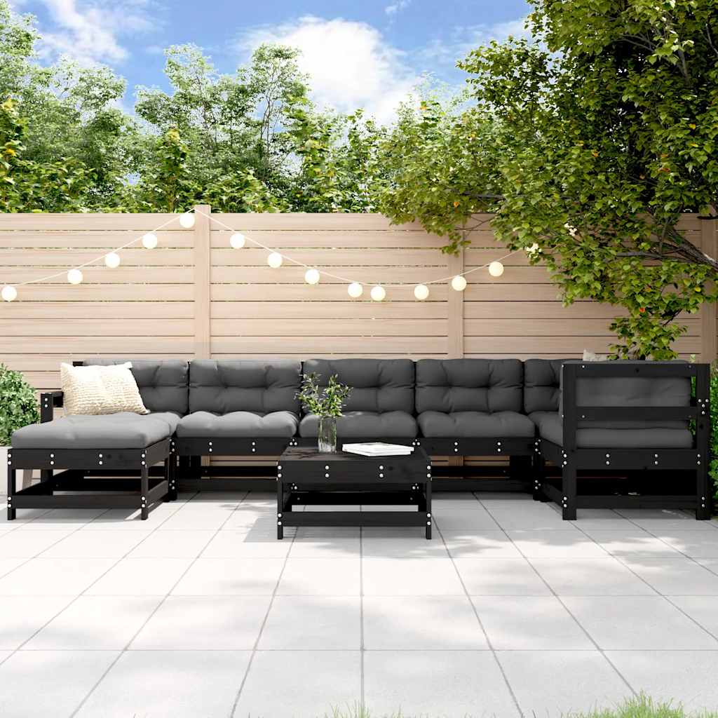 Set Divani da Giardino 8 pz con Cuscini in Legno Massello Nero