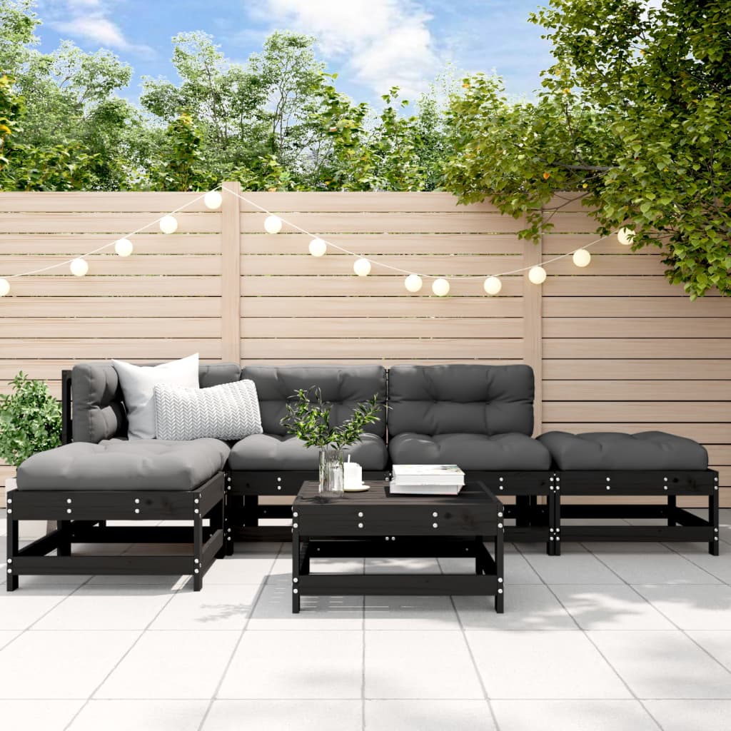 Set Divani da Giardino 6 pz con Cuscini in Legno Massello Nero