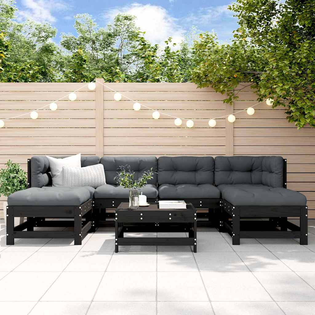 Set Divani da Giardino 7 pz con Cuscini in Legno Massello Nero