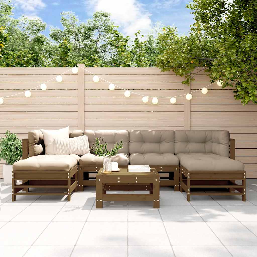 Set Divani da Giardino 7 pz con Cuscini in Legno Massello ambra