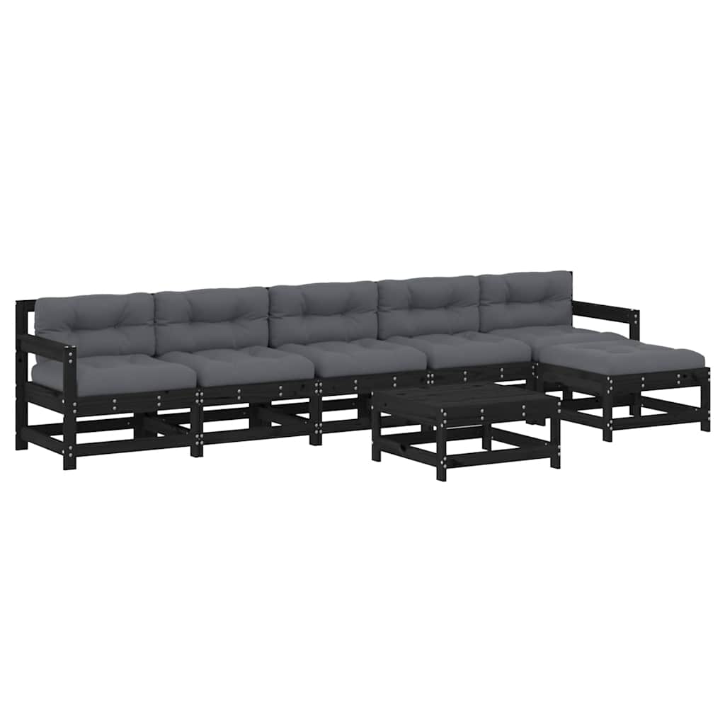 Set Divani da Giardino 7 pz con Cuscini in Legno Massello Nero