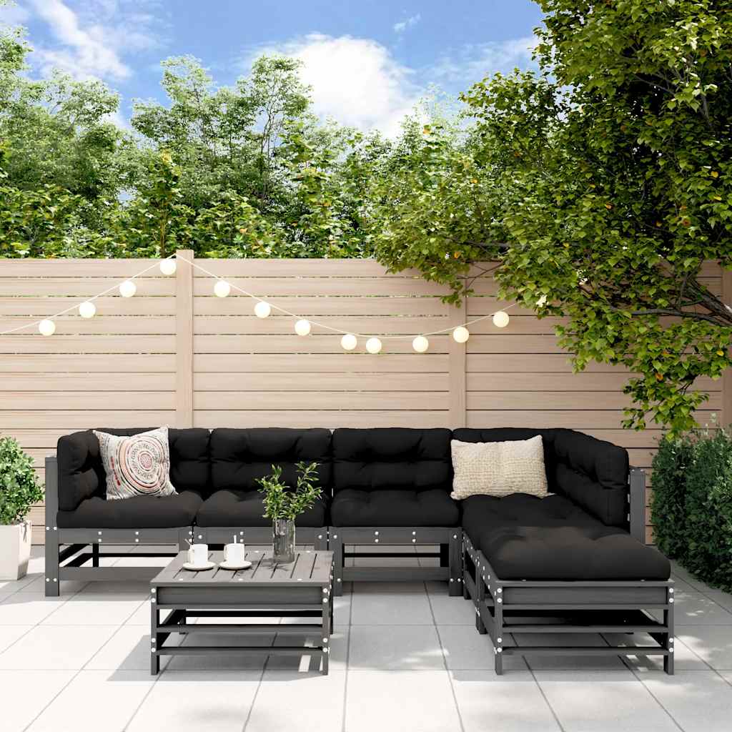 Set Divani da Giardino 7pz con Cuscini in Legno Massello Grigio
