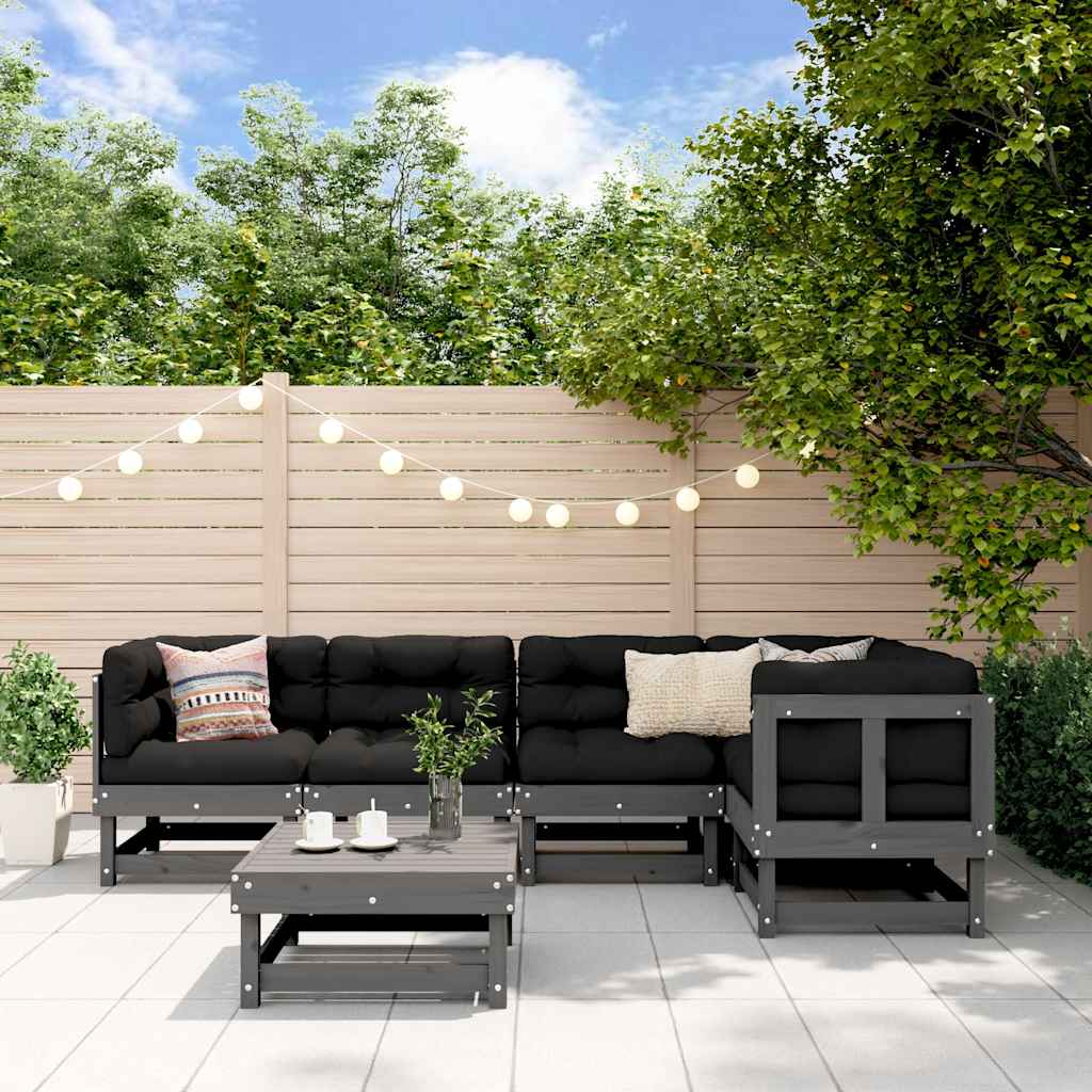 Set Divani da Giardino 6pz con Cuscini in Legno Massello Grigio