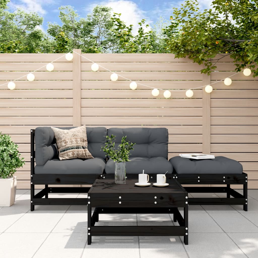 Set Divani da Giardino 4 pz con Cuscini in Legno Massello Nero