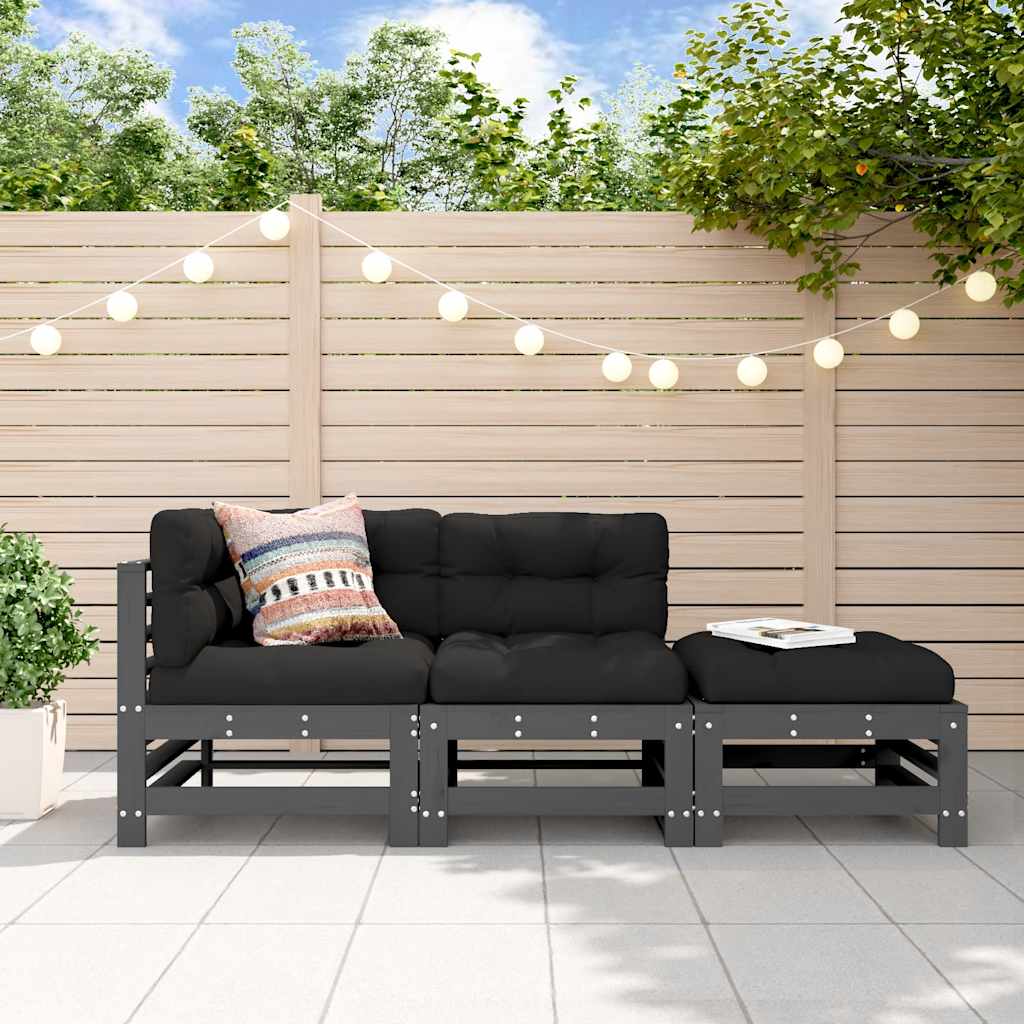 Set Divani da Giardino 3pz con Cuscini in Legno Massello Grigio