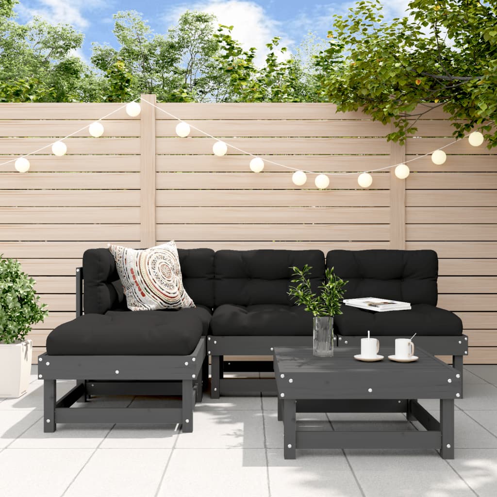 Set Divani da Giardino 5pz con Cuscini in Legno Massello Grigio
