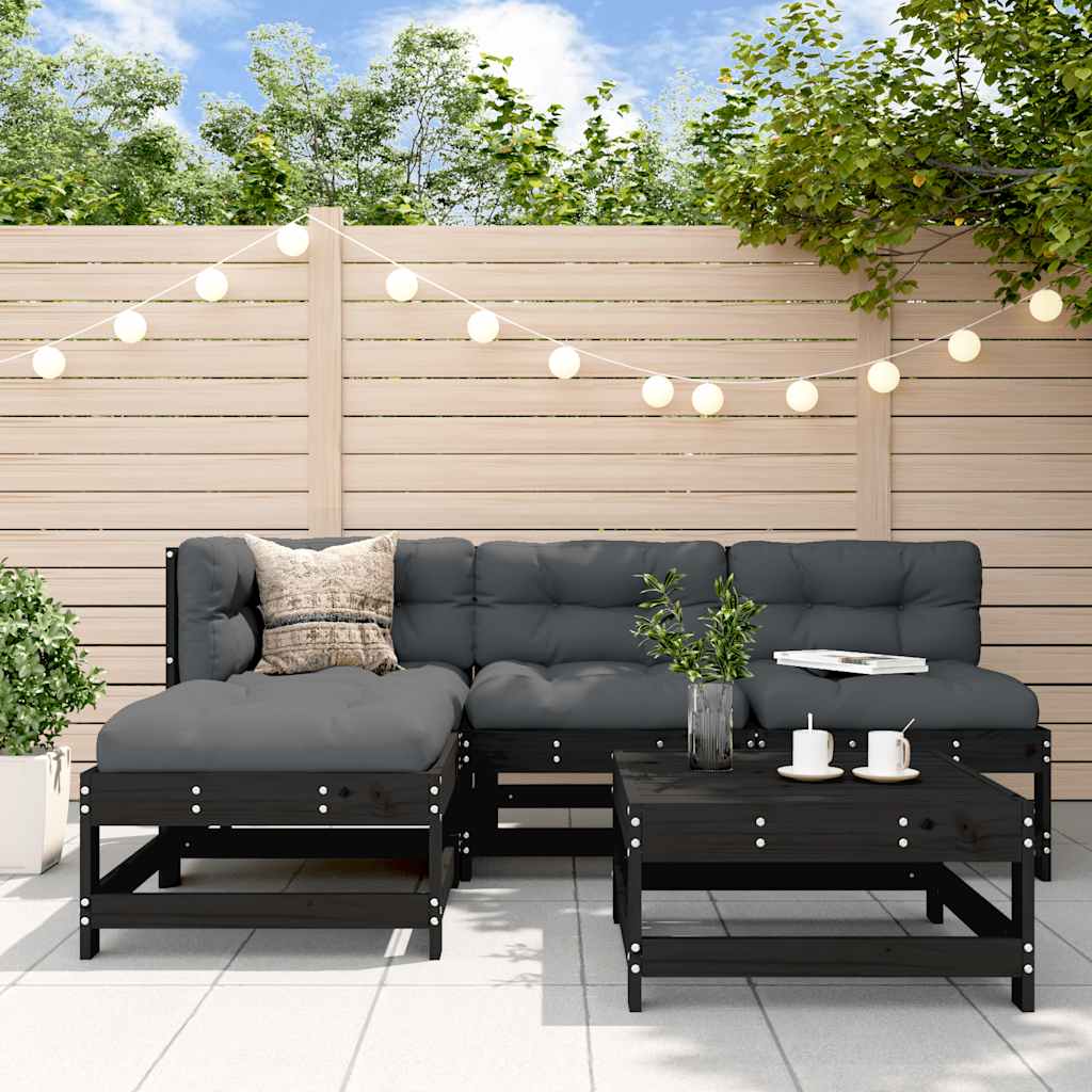Set Divani da Giardino 5 pz con Cuscini in Legno Massello Nero