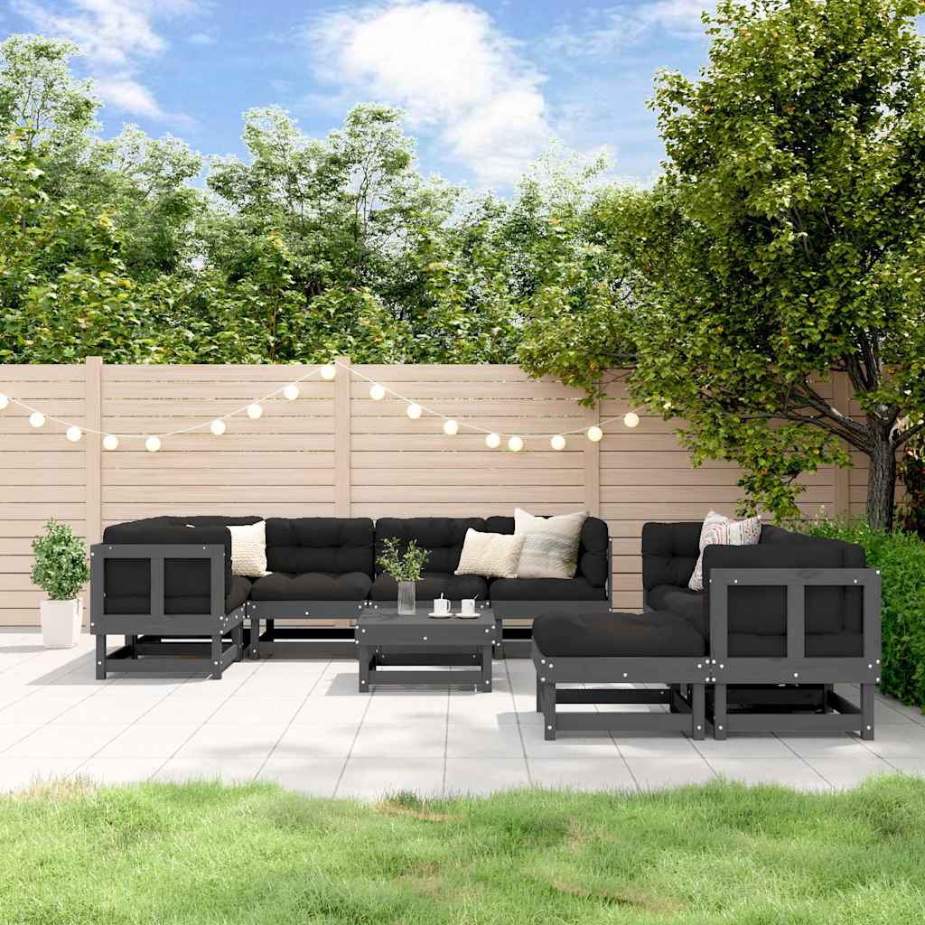 Set Divani da Giardino 10 pz con Cuscini Legno Massello Grigio