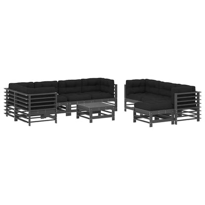Set Divani da Giardino 10 pz con Cuscini Legno Massello Grigio