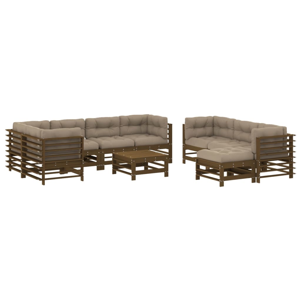 Set Divani da Giardino 10pz con Cuscini in Legno Massello ambra