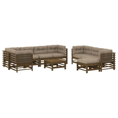 Set Divani da Giardino 10pz con Cuscini in Legno Massello ambra