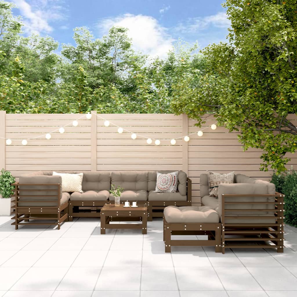 Set Divani da Giardino 10pz con Cuscini in Legno Massello ambra