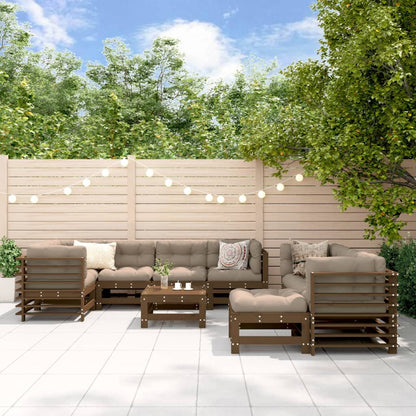 Set Divani da Giardino 10pz con Cuscini in Legno Massello ambra