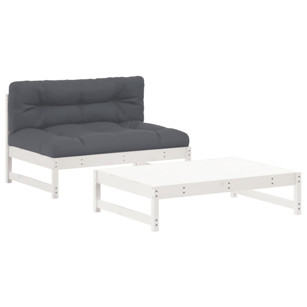Set Divani da Giardino 2pz con Cuscini in Legno Massello Bianco