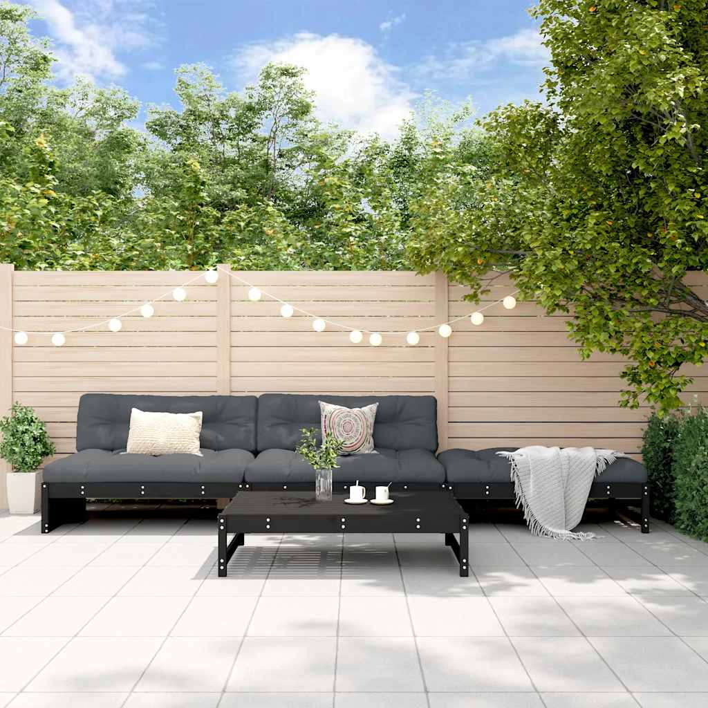 Set Divani da Giardino 4 pz con Cuscini in Legno Massello Nero
