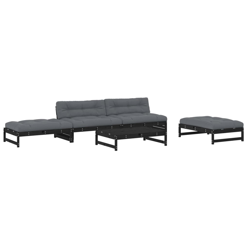Set Divani da Giardino 5 pz con Cuscini in Legno Massello Nero