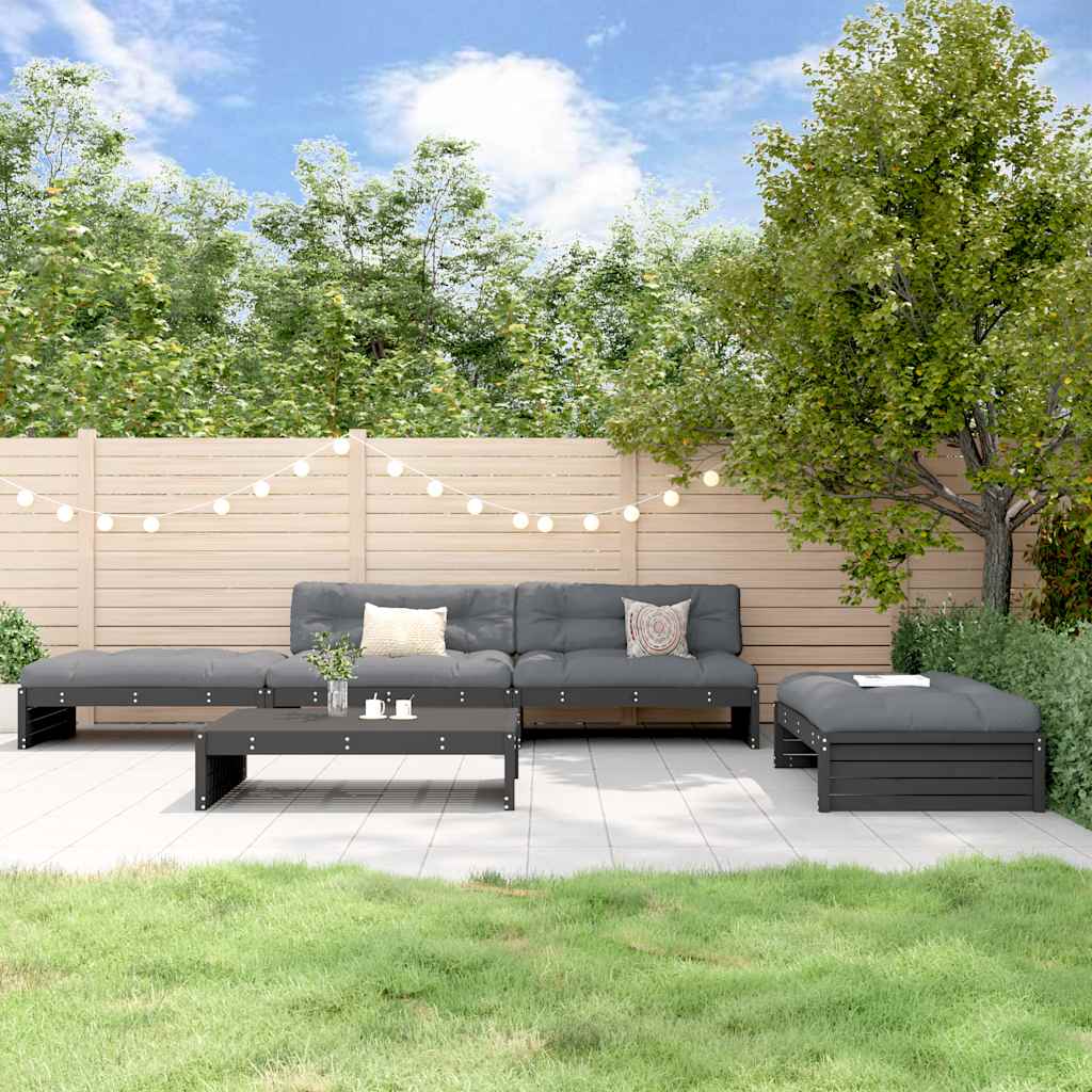 Set Divani da Giardino 5 pz con Cuscini in Legno Massello Nero