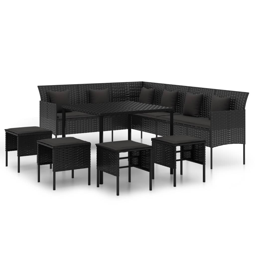 Set da Pranzo da Giardino 6 pz con Cuscini Nero in Polyrattan