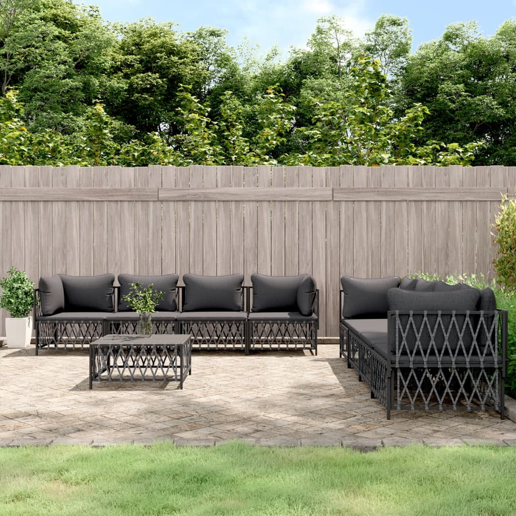 Set Divani da Giardino 9 pz con Cuscini Antracite in Acciaio