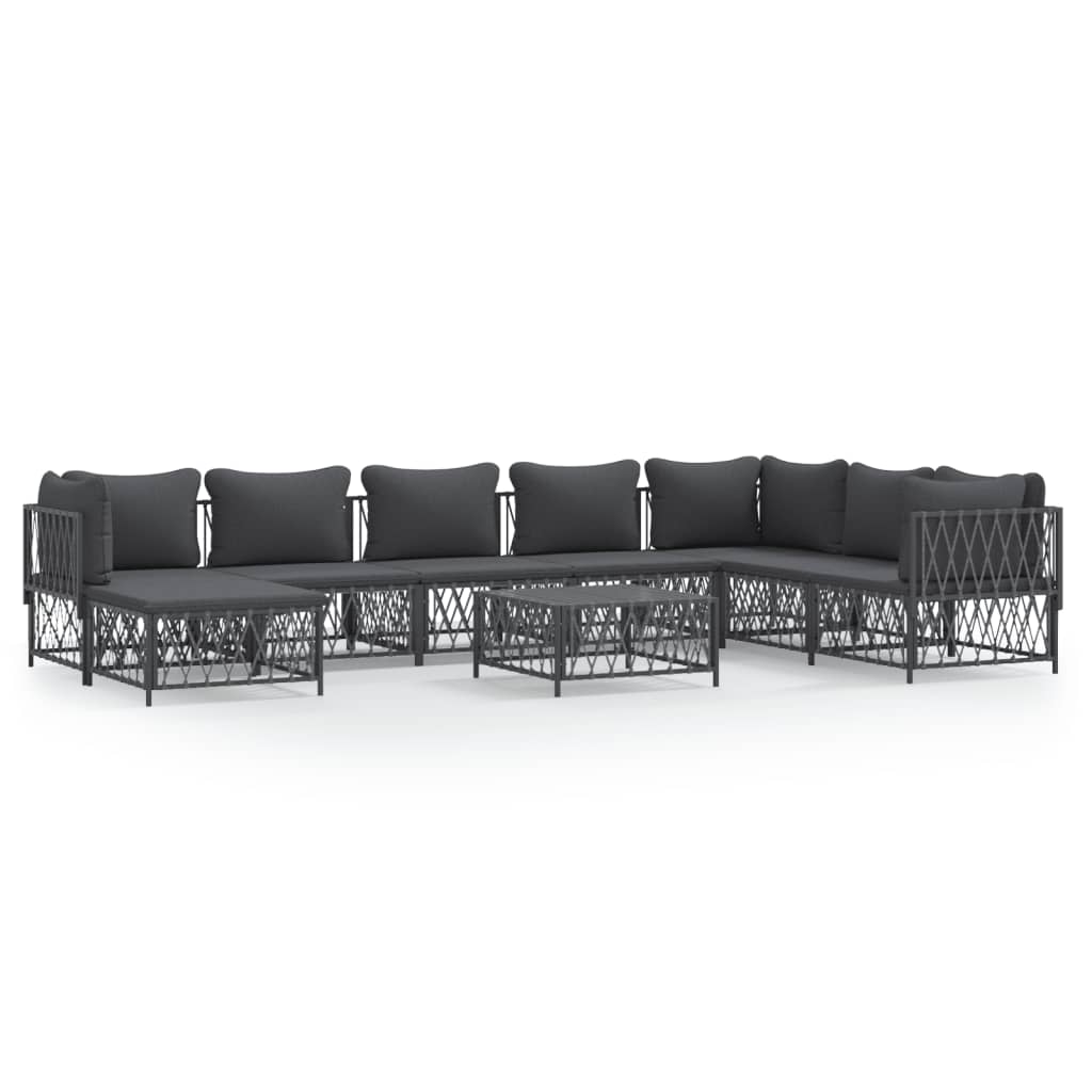 Set Divani da Giardino 9 pz con Cuscini Antracite in Acciaio