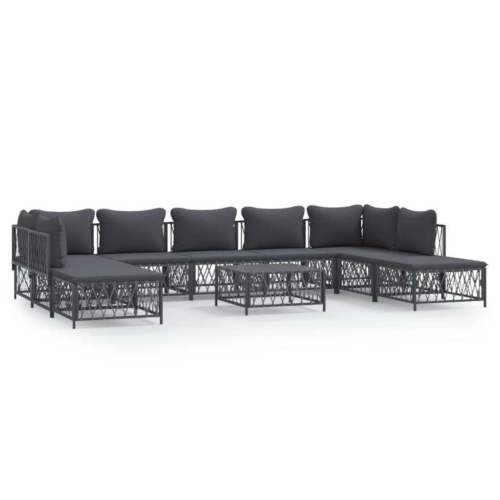 Set Salotto da Giardino 10 pz con Cuscini Antracite in Acciaio