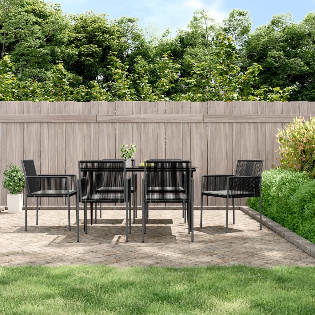 Set Pranzo Giardino 7 pz con Cuscini Polyrattan e Acciaio Nero