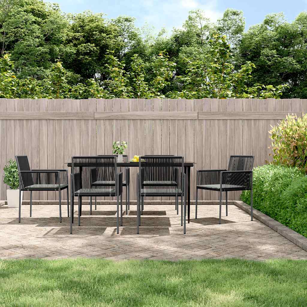 Set Pranzo Giardino 7 pz con Cuscini Polyrattan e Acciaio Nero