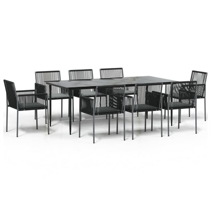 Set Pranzo Giardino 9 pz con Cuscini Polyrattan e Acciaio Nero