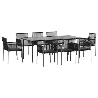 Set Pranzo Giardino 9 pz con Cuscini Polyrattan e Acciaio Nero