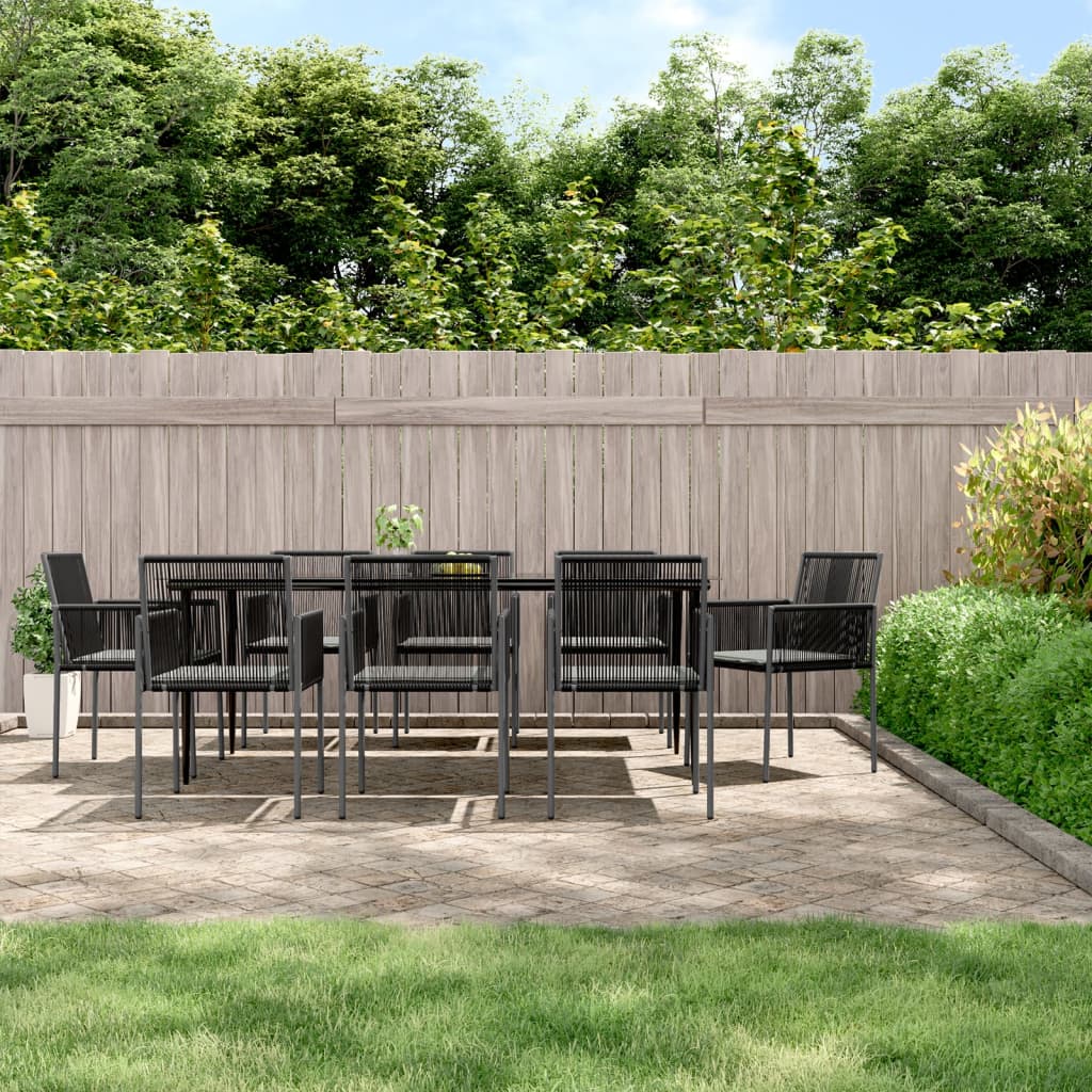 Set Pranzo Giardino 9 pz con Cuscini Polyrattan e Acciaio Nero