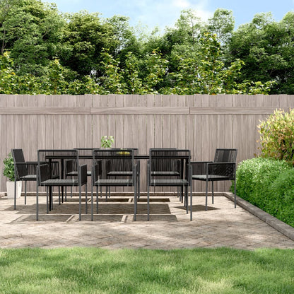 Set Pranzo Giardino 9 pz con Cuscini Polyrattan e Acciaio Nero