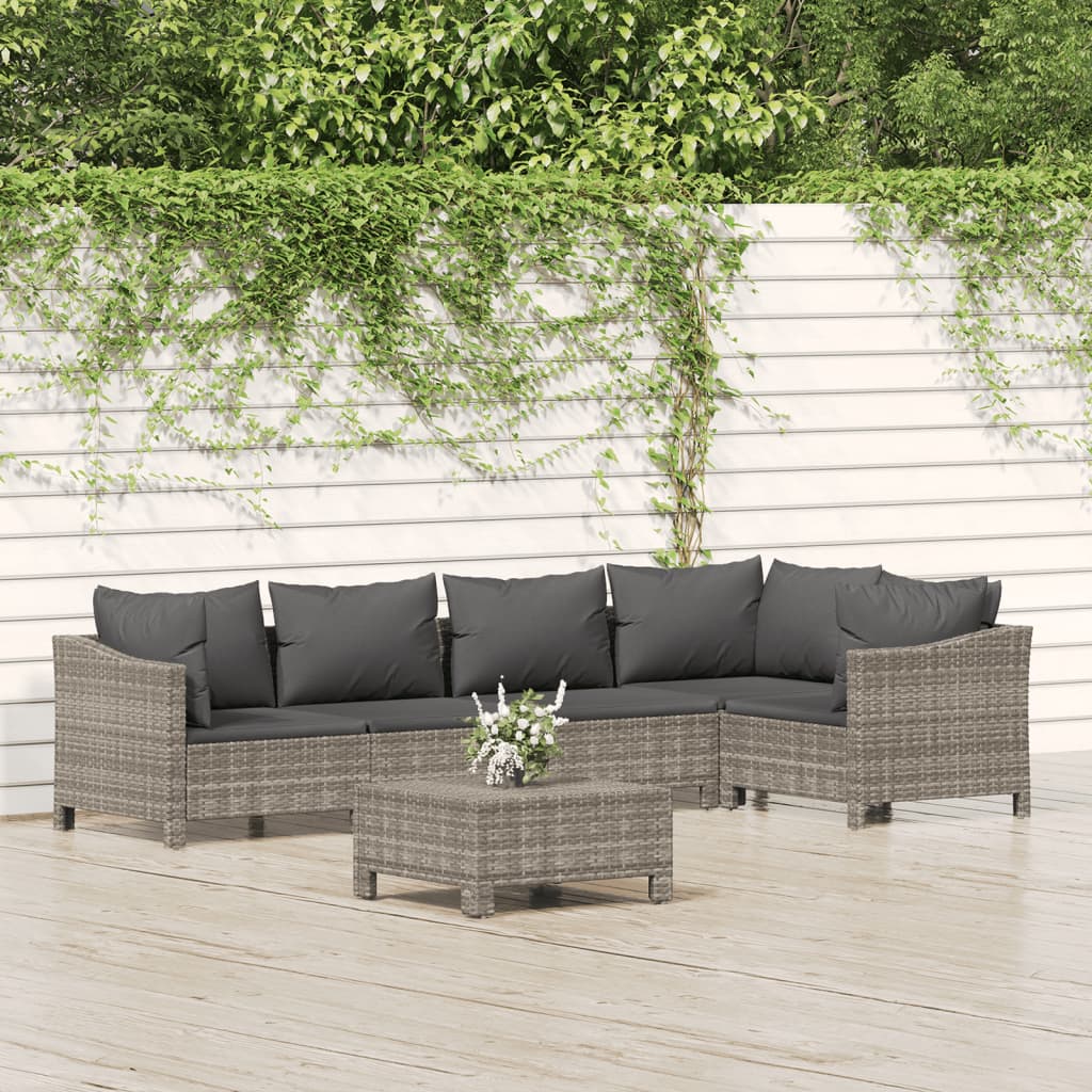 Set Divani da Giardino 6 pz con Cuscini in Polyrattan Grigio