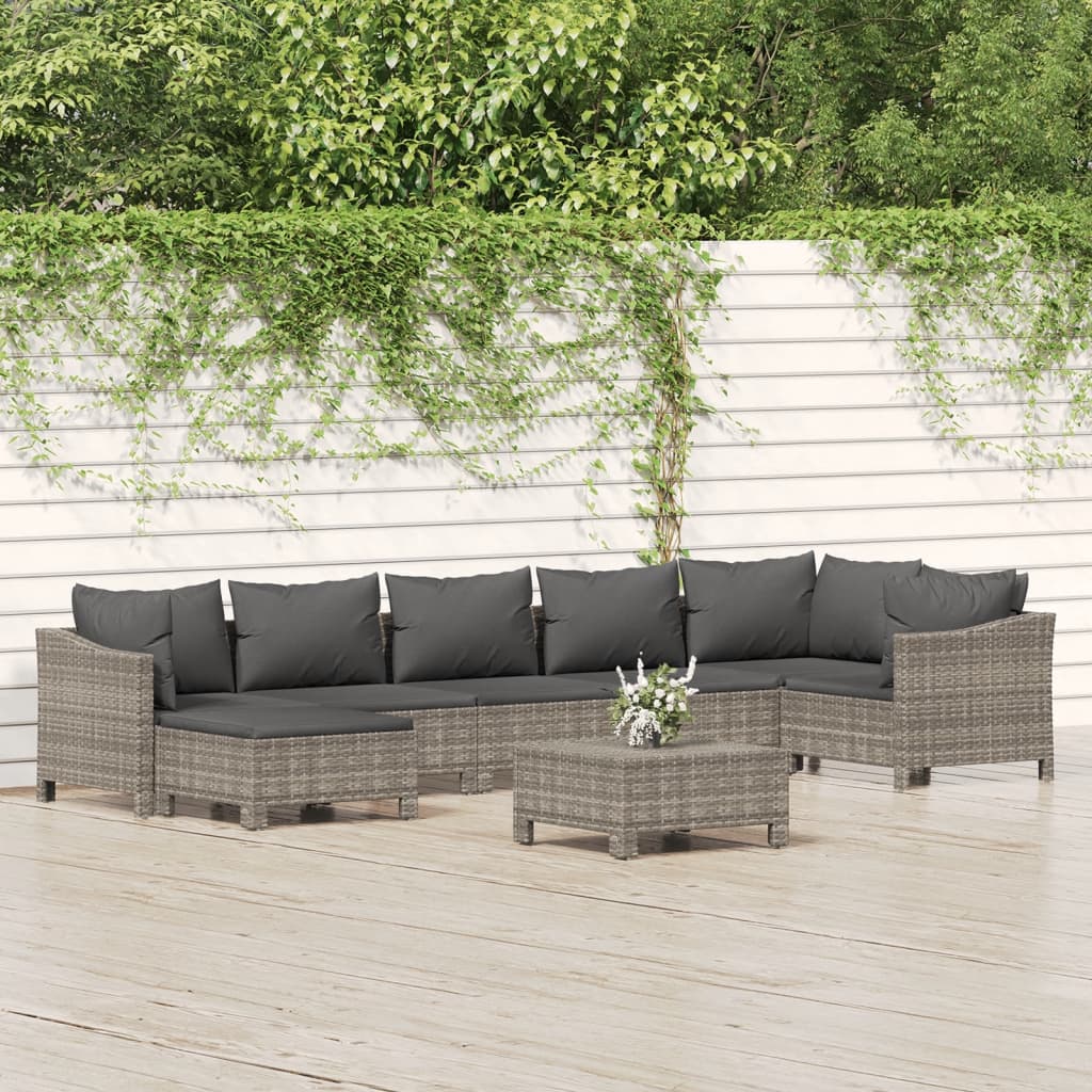 Set Divani da Giardino 8 pz con Cuscini in Polyrattan Grigio
