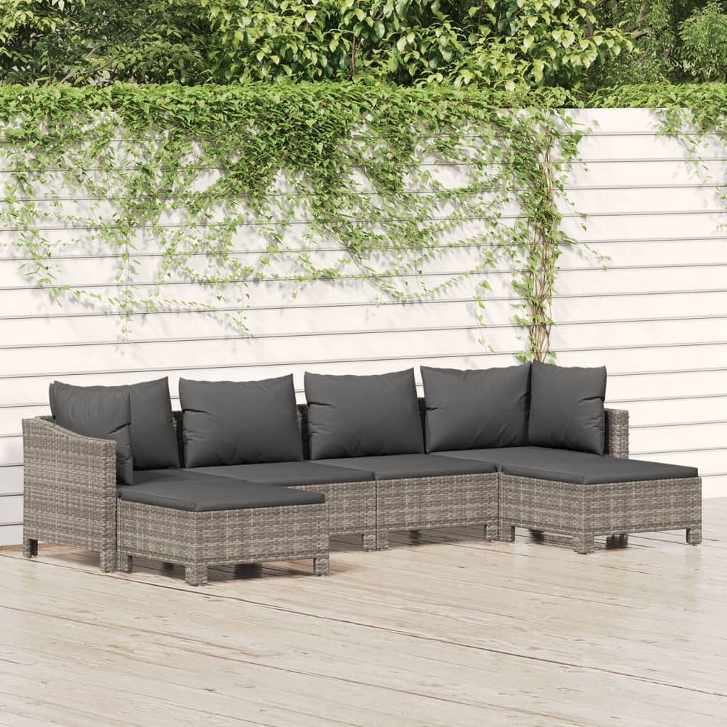 Set Divani da Giardino 6 pz con Cuscini in Polyrattan Grigio
