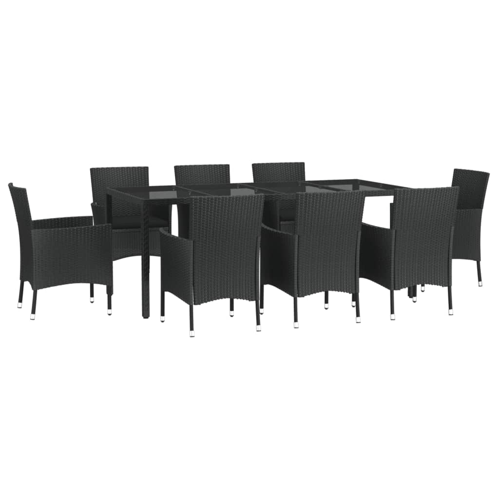 Set da Pranzo da Giardino 9 pz con Cuscini Nero in Polyrattan