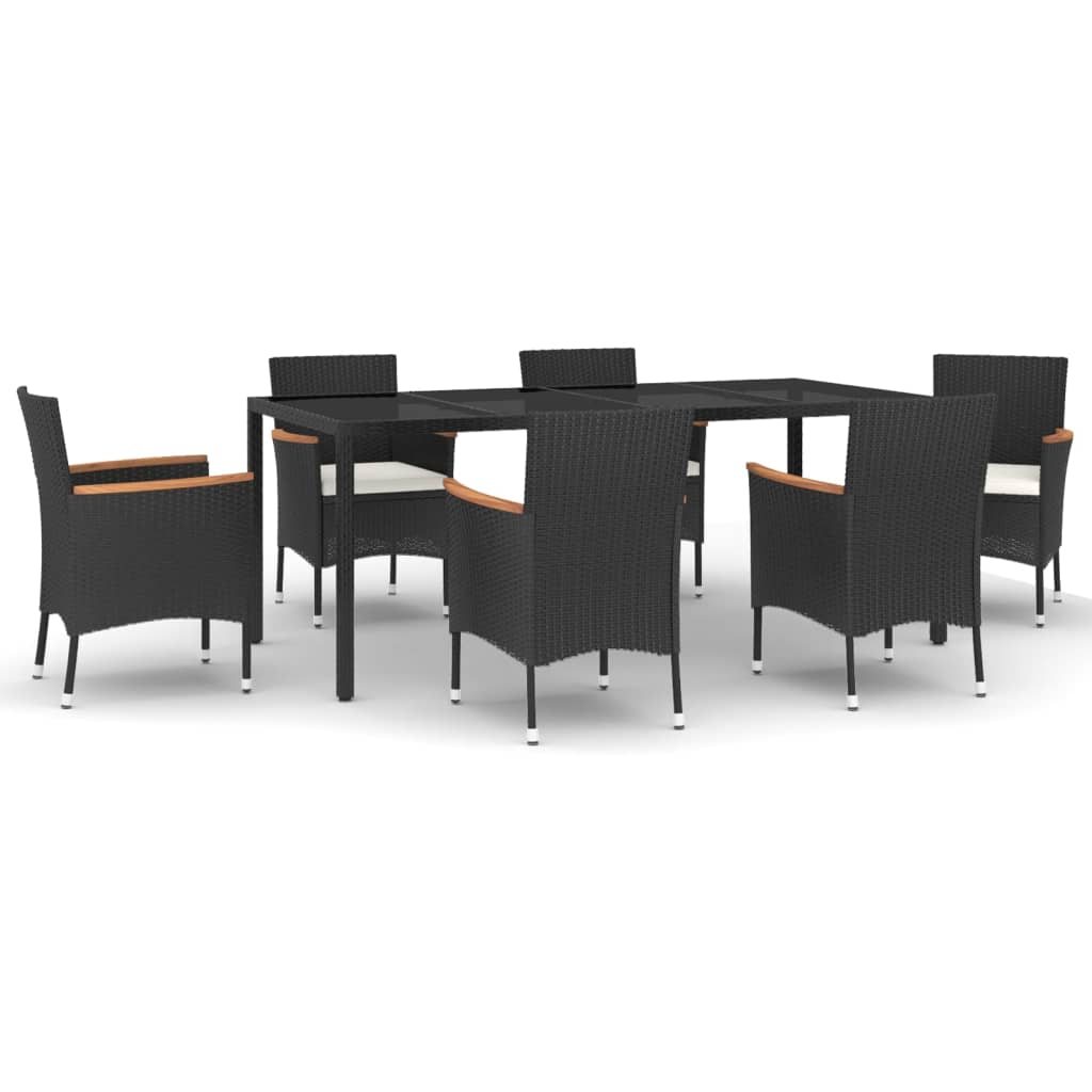 Set da Pranzo da Giardino 7 pz Nero con Cuscini in Polyrattan