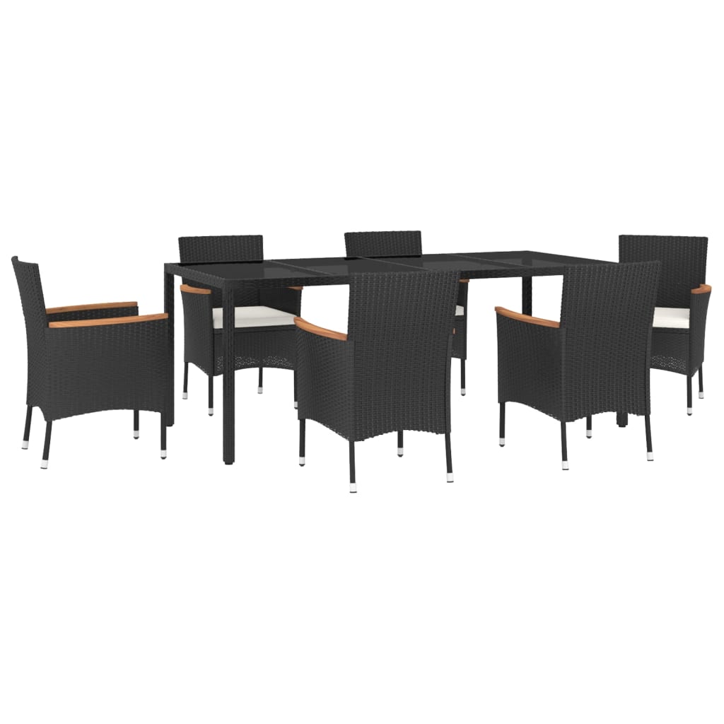 Set da Pranzo da Giardino 7 pz Nero con Cuscini in Polyrattan