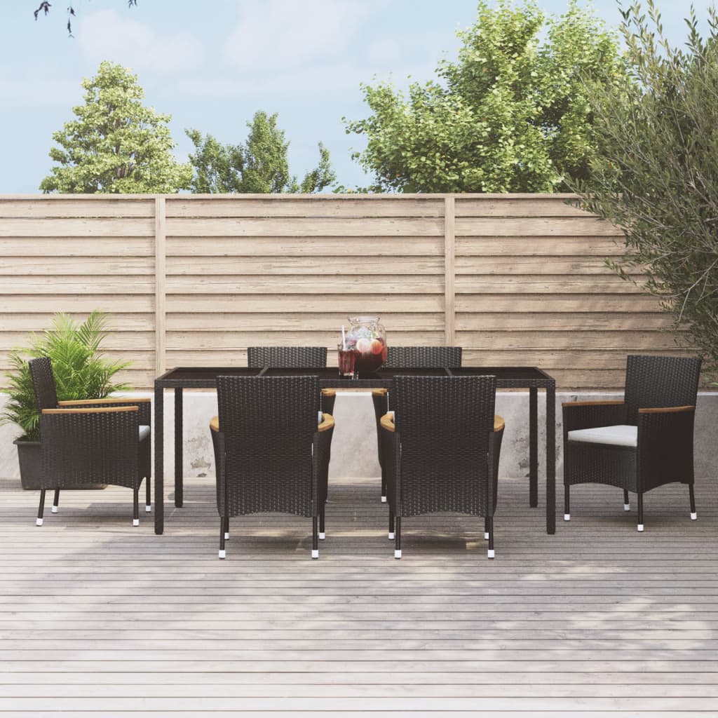 Set da Pranzo da Giardino 7 pz Nero con Cuscini in Polyrattan