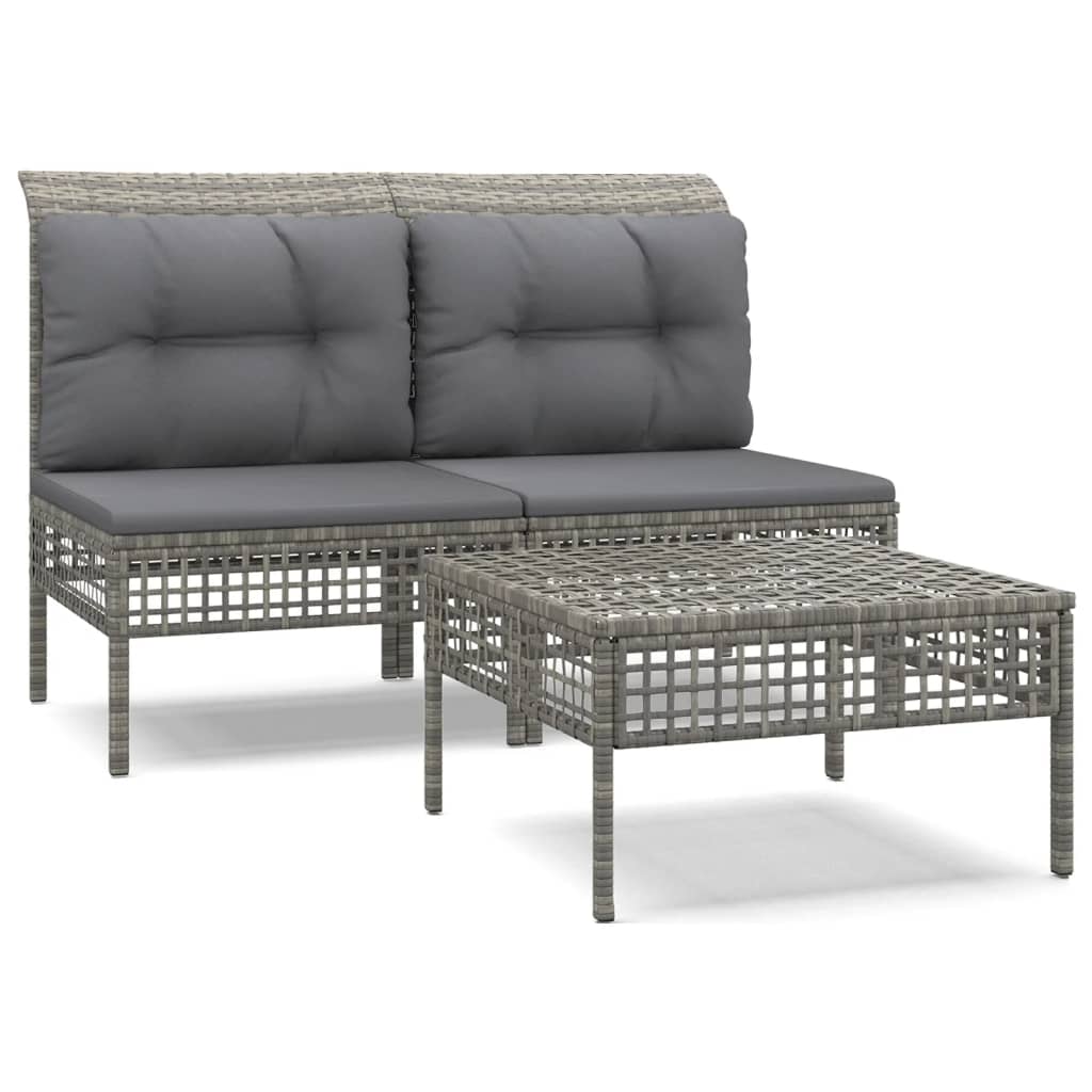 Set Divani da Giardino 3 pz con Cuscini in Polyrattan Grigio