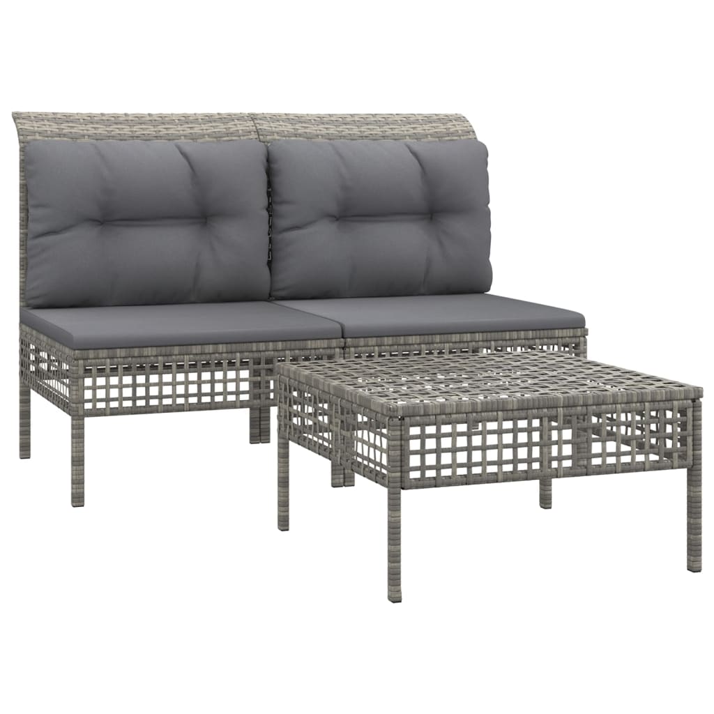 Set Divani da Giardino 3 pz con Cuscini in Polyrattan Grigio